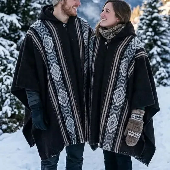 Poncho Lana Oveja Natural Tejido Artesanal Gorro Térmico #7